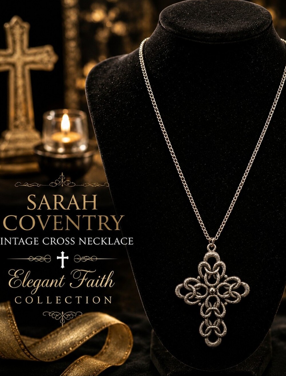 Vintage Sarah Coventry Celtic Cross Necklace Silver Tone 28 Inch Chain Textured